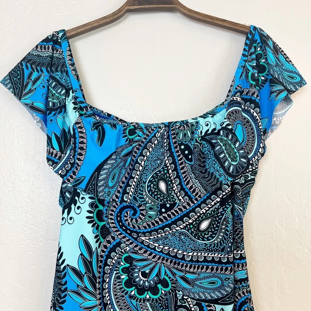 •JANTZEN• Off-the-Shoulder Ruffle One Piece Swimsuit in Aqua Reef‎ Print Size 10